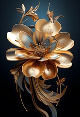 3d illustration, golden flower on a dark background, digital art