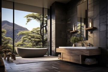 Fototapeta premium A luxurious bathroom with a modern wooden vanity and wooden accents around the bathtub. Generative AI