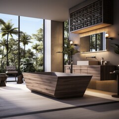 Contemporary Bath Retreat: Luxurious Bathroom with Modern Wooden Vanity and Tub Accents. Generative AI