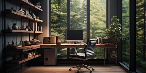 Modern Work Sanctuary: Home Office with Sleek Wooden Desk, Ergonomic Chair, and Wall-Mounted Shelves. Generative AI