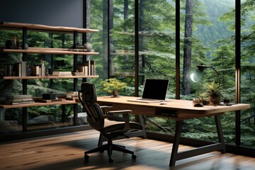 Obraz premium Modern Work Sanctuary: Home Office with Sleek Wooden Desk, Ergonomic Chair, and Wall-Mounted Shelves. Generative AI