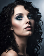 Portrait of beautiful young woman with curly hair and  smoky makeup