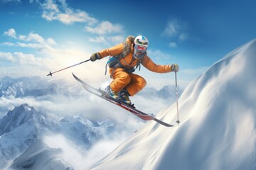 Skier in overalls jumps with skis with poles on a mountain with snow. Extreme sports.
