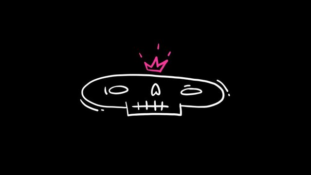 4K animated looped video. Graffiti style sticker for Halloween. Handdrawn doodle skulls with crown on multicolored pink, black, blue, yellow and purple backgrounds. Emo subculture icon. Cartoon face