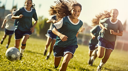 A team of teenager girls soccer team in green kit playing soccer and running on soccer field,...