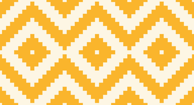 Seamless vector pattern cream white and mustard yellow tribal geometric ornament repeat, textile