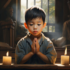 Asian Child in Heartfelt Prayer