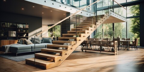 Fototapeta premium Contemporary Elegance: Modern Wooden Staircase with Glass Railings in a Bright, Open-Plan Home. Generative AI