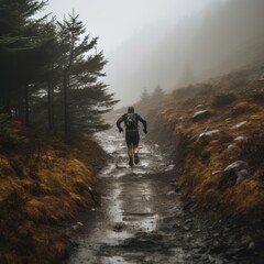 Obraz premium Man runs up the mountain in mud and foggy weather with a backpack on his back.