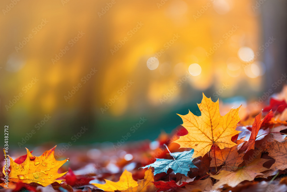 Canvas Prints close up on colourful maple leaves on the ground with yellow autumn trees out of focus on background