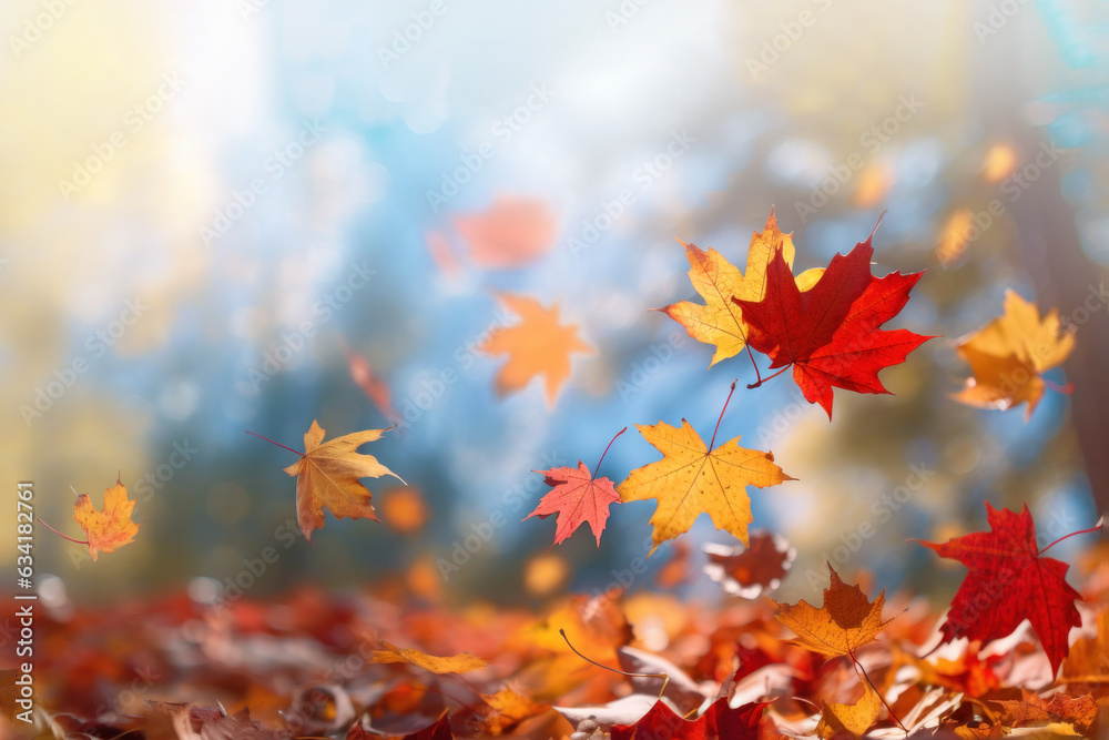 Canvas Prints close up on multicolored maple leaves falling to the ground with vibrant autumn park background out 