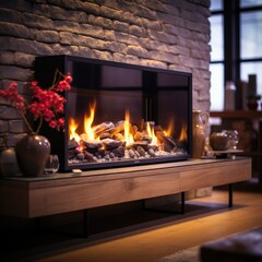 Obraz premium A cozy, modern fireplace with a wooden mantle in a living room setting. Generative AI