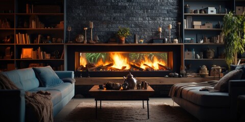 A cozy, modern fireplace with a wooden mantle in a living room setting. Generative AI