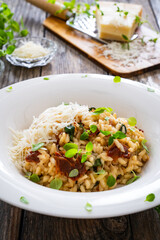 Risotto with sun dried tomatoes and Parmigiano Regiano  on wooden table
