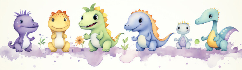 Cartoon dinosaurs standing together in a fun and lively scene