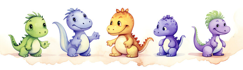 A group of cartoon dinosaurs standing together