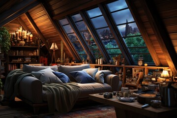 Obraz na płótnie Canvas A cozy attic conversion with wooden beams and modern furnishings. Generative AI