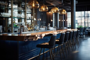 Contemporary Bar Elegance: Sleek Modern Area with Wooden Countertops and Bar Stools. Generative AI