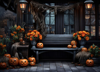 Obraz premium Halloween concept. Pumpkins and decoration. Copy space. Halloween party spooky greeting card.