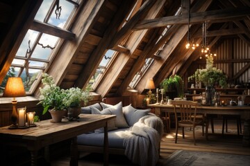 Fototapeta premium A cozy attic conversion with wooden beams and modern furnishings. Generative AI