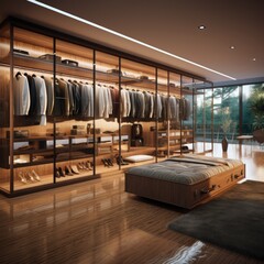 Modern Closet Oasis: Walk-In Wardrobe Featuring Wooden Storage Solutions and Contemporary Lighting. Generative AI