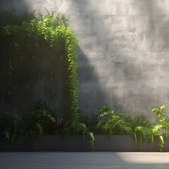 Sunlight and shadow on cement wall as backdrop. Green creeper and green plants against gray cement...
