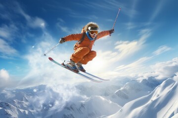 Skier in an orange suit jumps on the snow with ski poles.