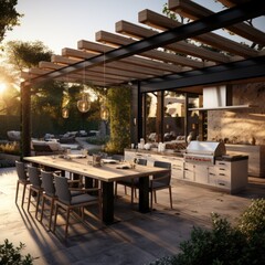 Outdoor Dining Delight: Modern Wooden Pergola and Kitchen Creating a Relaxing Ambiance. Generative AI