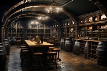 Wine Cellar Ambiance: Modern Wooden Wine Racks and Ambient Lighting Creating a Unique Space. Generative AI