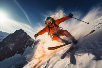 Young skier in an orange suit with a helmet on his head skis downhill very fast. Extreme sports. - obrazy, fototapety, plakaty