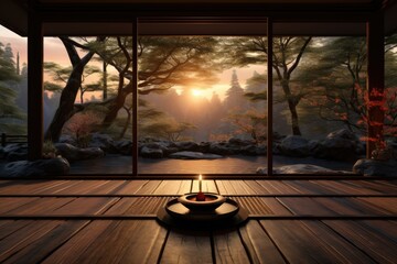 Tranquil Retreat: Meditation Room with Wooden Floor, Modern Zen Garden, and Minimalist Furnishings. Generative AI