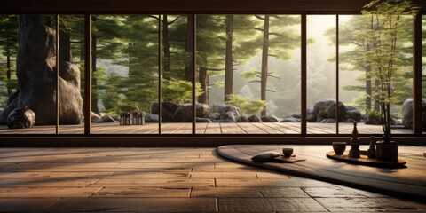 Tranquil Retreat: Meditation Room with Wooden Floor, Modern Zen Garden, and Minimalist Furnishings. Generative AI