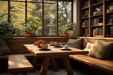 Fototapeta premium A breakfast nook with a wooden built-in bench, modern table, and matching chairs. Generative AI