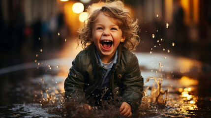 Happy smile child is sitting in the puddle. Generative AI
