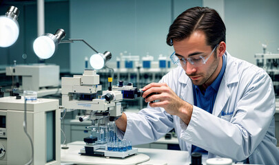 focused scientist in white suit doing some research and examining in modern labolatory, generative AI