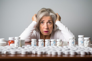 a mid-aged senior woman in the middle, surrounded by a bunch of medicine bottles, wondering which pills to take, depression, stress, anxiety concept - obrazy, fototapety, plakaty