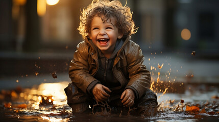 Happy smile child is sitting in the puddle. Generative AI
