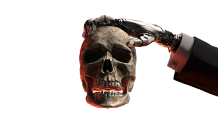 Robot against Human, Cybernetic arm in sleeve of business suit holding human skull. Evolution of Artificial intelligence concept. Machine learning evolving, transparent background