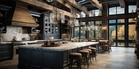 Fototapeta na wymiar A luxury kitchen with wooden ceiling beams and modern pendant lighting. Generative AI