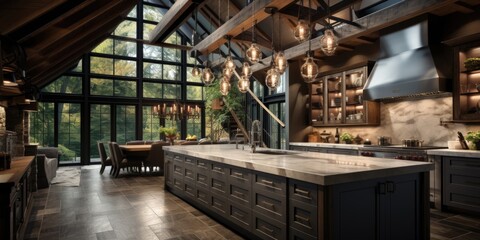 A luxury kitchen with wooden ceiling beams and modern pendant lighting. Generative AI