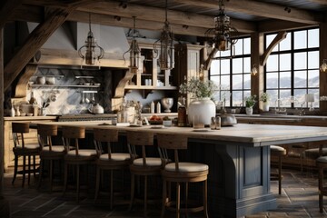 A luxury kitchen with wooden ceiling beams and modern pendant lighting. Generative AI