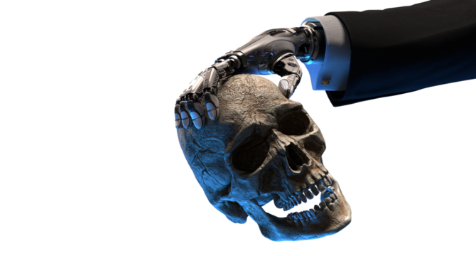 Robot against Human, Cybernetic arm in sleeve of business suit holding human skull. Evolution of Artificial intelligence concept. Machine learning evolving, transparent background