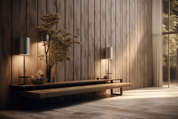 Contemporary Entryway: Hallway with Modern Wooden Wall Panels and Console Table. Generative AI