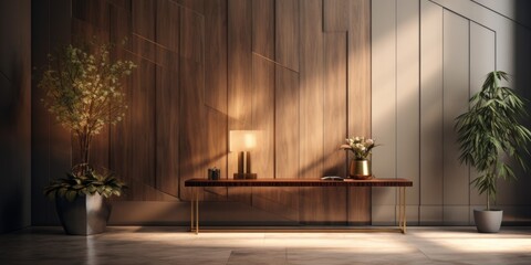 Stylish Passage: A Hallway Enhanced by Modern Wooden Wall Panels and a Contemporary Console Table. Generative AI