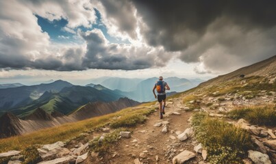 Men ultramarathon runs in the mountains. - obrazy, fototapety, plakaty