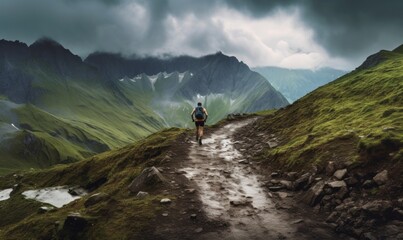 Man with a backpack runs through the mud in a mountain with a beautiful view.