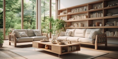 A bright, modern living room with a wooden coffee table and sleek wooden shelving units. Generative AI