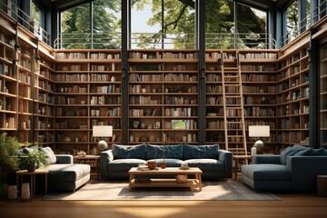 Modern Literary Haven: A Home Library with Contemporary Floor-to-Ceiling Bookcases. Generative AI