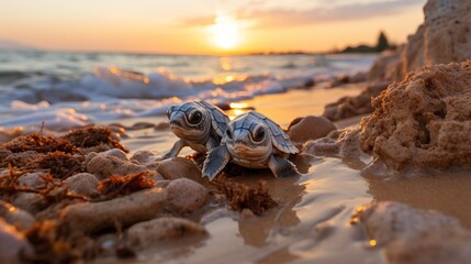 
newborn turtles crawl along the sandy beach to the water. Concept: protection of animals and the planet. Clean ecological environment for reptiles