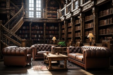 Fototapeta na wymiar Floor-to-Ceiling Elegance: A Contemporary Home Library Adorned with Wooden Bookcases. Generative AI